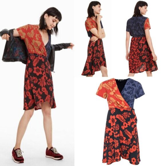 Sz EU40- Desigual Vevey Short Sleeve Abstract Floral Multicolor Midi Wrap Dress - Picture 1 of 16